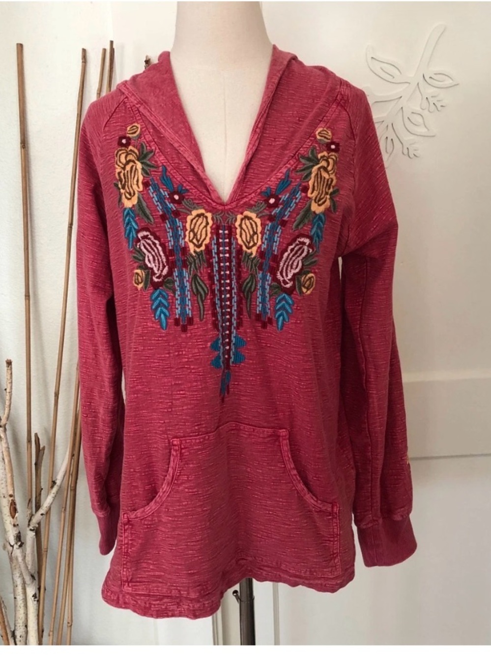 Avani del Amour xl boho hooded cotton embroidered top pink red